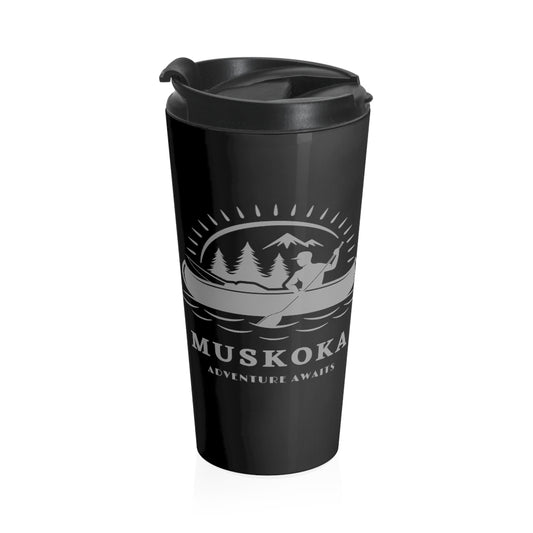 Muskoka Adventure Awaits Black and Gray Stainless Steel Travel Mug